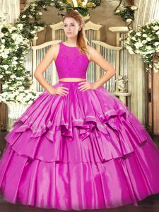 Dynamic Scoop Sleeveless 15th Birthday Dress Floor Length Ruffled Layers Fuchsia Tulle