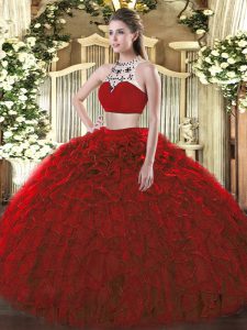 Custom Fit High-neck Sleeveless Backless Quinceanera Dresses Wine Red Tulle