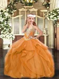 Orange Red V-neck Lace Up Beading and Ruffles Little Girls Pageant Gowns Sleeveless