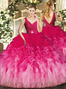 Multi-color Backless V-neck Beading and Ruffles Sweet 16 Quinceanera Dress Tulle Sleeveless