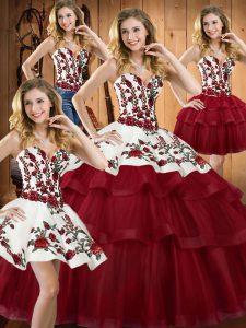 Wine Red Ball Gowns Embroidery Sweet 16 Dresses Lace Up Organza Sleeveless