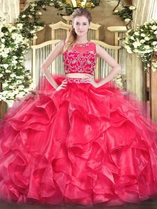 Two Pieces 15th Birthday Dress Red Scoop Tulle Sleeveless Floor Length Zipper