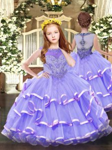 Lavender Zipper Scoop Beading and Ruffled Layers Girls Pageant Dresses Organza Sleeveless