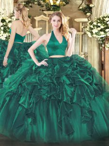 Exquisite Dark Green Two Pieces Halter Top Sleeveless Organza Floor Length Zipper Ruffles 15th Birthday Dress