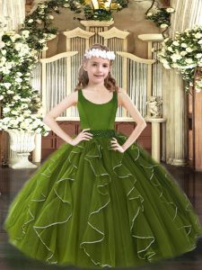 Wonderful Olive Green Zipper Scoop Beading and Ruffles High School Pageant Dress Organza Sleeveless