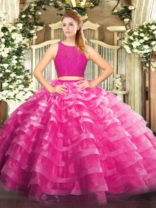 Best Floor Length Fuchsia 15th Birthday Dress Organza Sleeveless Lace and Ruffled Layers