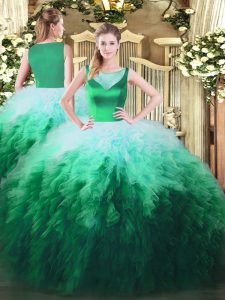 Scoop Sleeveless Quinceanera Gown Floor Length Beading and Ruffles Multi-color Tulle
