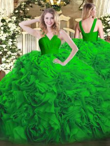 Dramatic Floor Length Zipper Quinceanera Dresses Green for Military Ball and Sweet 16 and Quinceanera with Ruffles