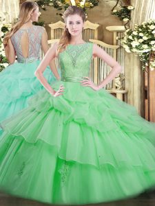 Amazing Apple Green Scoop Backless Beading and Ruffled Layers Quinceanera Gowns Sleeveless