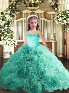Turquoise Lace Up Glitz Pageant Dress Appliques Sleeveless Floor Length