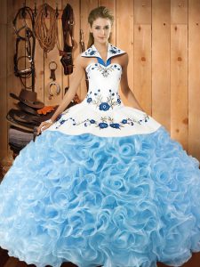 Exceptional Baby Blue Ball Gowns Fabric With Rolling Flowers Halter Top Sleeveless Embroidery Floor Length Lace Up 15 Quinceanera Dress