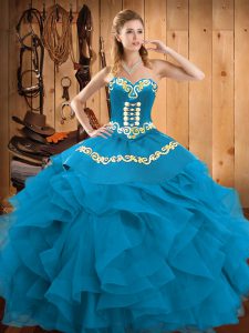 Charming Teal Sweetheart Lace Up Embroidery and Ruffles Quinceanera Gown Sleeveless