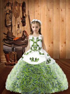 Cute Multi-color Ball Gowns Fabric With Rolling Flowers Straps Sleeveless Embroidery and Ruffles Floor Length Lace Up Kids Pageant Dress