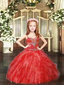 Eye-catching Spaghetti Straps Sleeveless Kids Pageant Dress Floor Length Beading and Ruffles Red Tulle