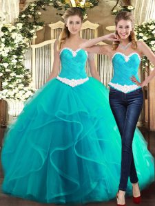 Smart Floor Length Ball Gowns Sleeveless Turquoise Sweet 16 Dress Lace Up