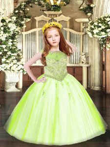 Sleeveless Floor Length Beading and Appliques Zipper Little Girls Pageant Dress with Yellow Green