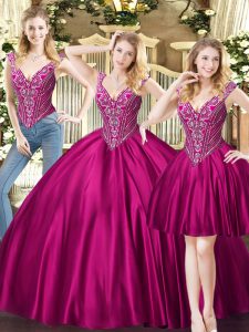 Charming Tulle V-neck Sleeveless Lace Up Beading Quince Ball Gowns in Fuchsia