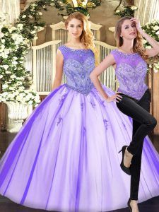 Unique Scoop Sleeveless Vestidos de Quinceanera Floor Length Beading Lavender Tulle
