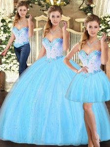 Great Sweetheart Sleeveless Lace Up 15 Quinceanera Dress Baby Blue Tulle