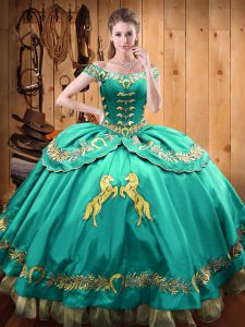 Smart Turquoise Off The Shoulder Lace Up Beading and Embroidery 15th Birthday Dress Sleeveless