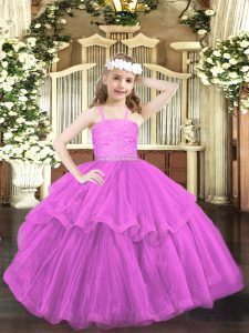 Lilac Straps Neckline Beading and Lace Pageant Dress for Girls Sleeveless Zipper