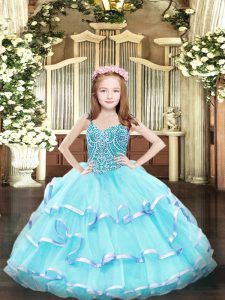 Aqua Blue Sleeveless Floor Length Beading and Ruffled Layers Lace Up Kids Formal Wear