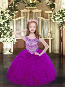 Custom Made Fuchsia Ball Gowns Beading and Ruffles Little Girl Pageant Dress Lace Up Organza Sleeveless Floor Length