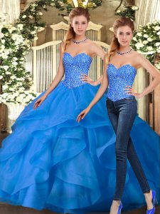 Blue 15 Quinceanera Dress Military Ball and Sweet 16 and Quinceanera with Beading and Ruffles Sweetheart Sleeveless Lace Up