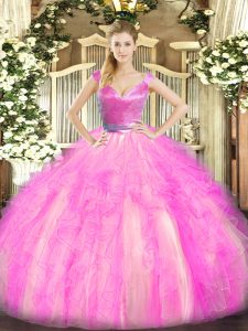 Exquisite Beading and Ruffles Quinceanera Gown Rose Pink Zipper Sleeveless Floor Length