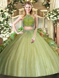 Most Popular High-neck Sleeveless Zipper Quinceanera Dresses Olive Green Tulle