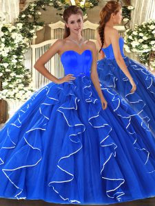 Blue Lace Up Ball Gown Prom Dress Beading and Ruffles Sleeveless Floor Length