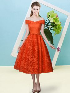 Rust Red Off The Shoulder Lace Up Bowknot Dama Dress for Quinceanera Cap Sleeves