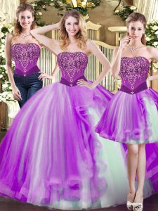 Strapless Sleeveless Lace Up Quinceanera Dresses Eggplant Purple Tulle