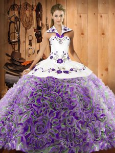 Exquisite Multi-color 15th Birthday Dress Military Ball and Sweet 16 and Quinceanera with Embroidery Halter Top Sleeveless Sweep Train Lace Up