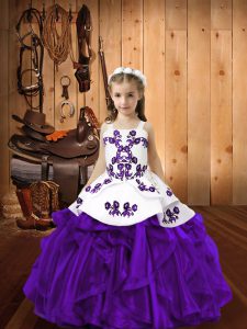 Eye-catching Eggplant Purple Straps Neckline Embroidery and Ruffles Little Girl Pageant Gowns Sleeveless Lace Up