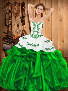 Nice Sleeveless Floor Length Embroidery and Ruffles Lace Up Quinceanera Gowns with Green