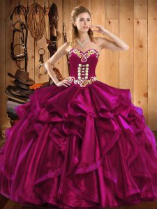 Pretty Fuchsia Sleeveless Floor Length Embroidery and Ruffles Lace Up 15th Birthday Dress