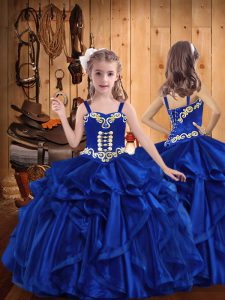 Royal Blue Sleeveless Floor Length Embroidery and Ruffles Lace Up Kids Formal Wear