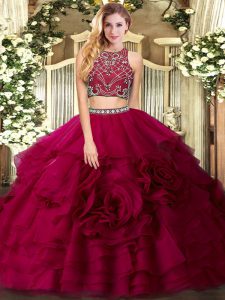 Best High-neck Sleeveless Tulle Quince Ball Gowns Beading and Ruffled Layers Zipper