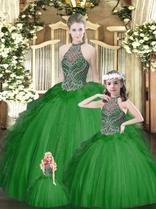 Modest Green 15th Birthday Dress Military Ball and Sweet 16 and Quinceanera with Beading and Ruffles Halter Top Sleeveless Lace Up