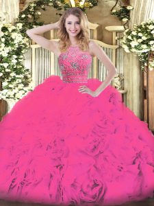 Comfortable Halter Top Sleeveless Tulle Quince Ball Gowns Beading and Ruffles Zipper