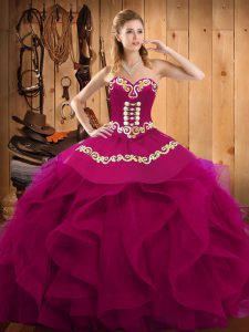 Fuchsia Lace Up Sweetheart Embroidery and Ruffles Sweet 16 Dresses Organza Sleeveless