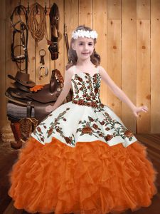 Straps Sleeveless Organza Pageant Dress Embroidery and Ruffles Lace Up