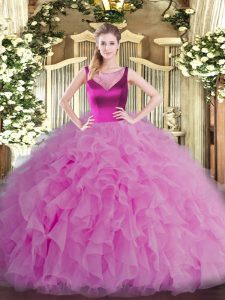Scoop Sleeveless Sweet 16 Quinceanera Dress Floor Length Beading and Ruffles Lilac Organza