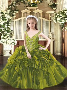 Organza V-neck Sleeveless Lace Up Beading and Ruffles Little Girl Pageant Dress in Olive Green