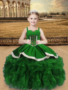 New Style Green Satin and Organza Lace Up Kids Formal Wear Sleeveless Floor Length Beading and Ruffles
