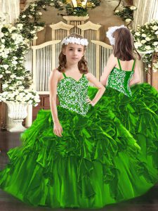 Simple Green Ball Gowns Straps Sleeveless Organza Floor Length Lace Up Beading and Ruffles Child Pageant Dress