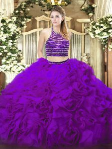 Customized Eggplant Purple Sweet 16 Dress Military Ball and Sweet 16 and Quinceanera with Beading and Ruffles Halter Top Sleeveless Lace Up