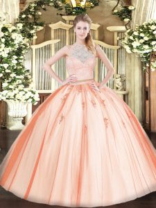 Sophisticated Floor Length Orange 15th Birthday Dress Tulle Sleeveless Lace and Appliques