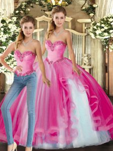 Enchanting Floor Length Lace Up Vestidos de Quinceanera Fuchsia for Military Ball and Sweet 16 and Quinceanera with Ruffles